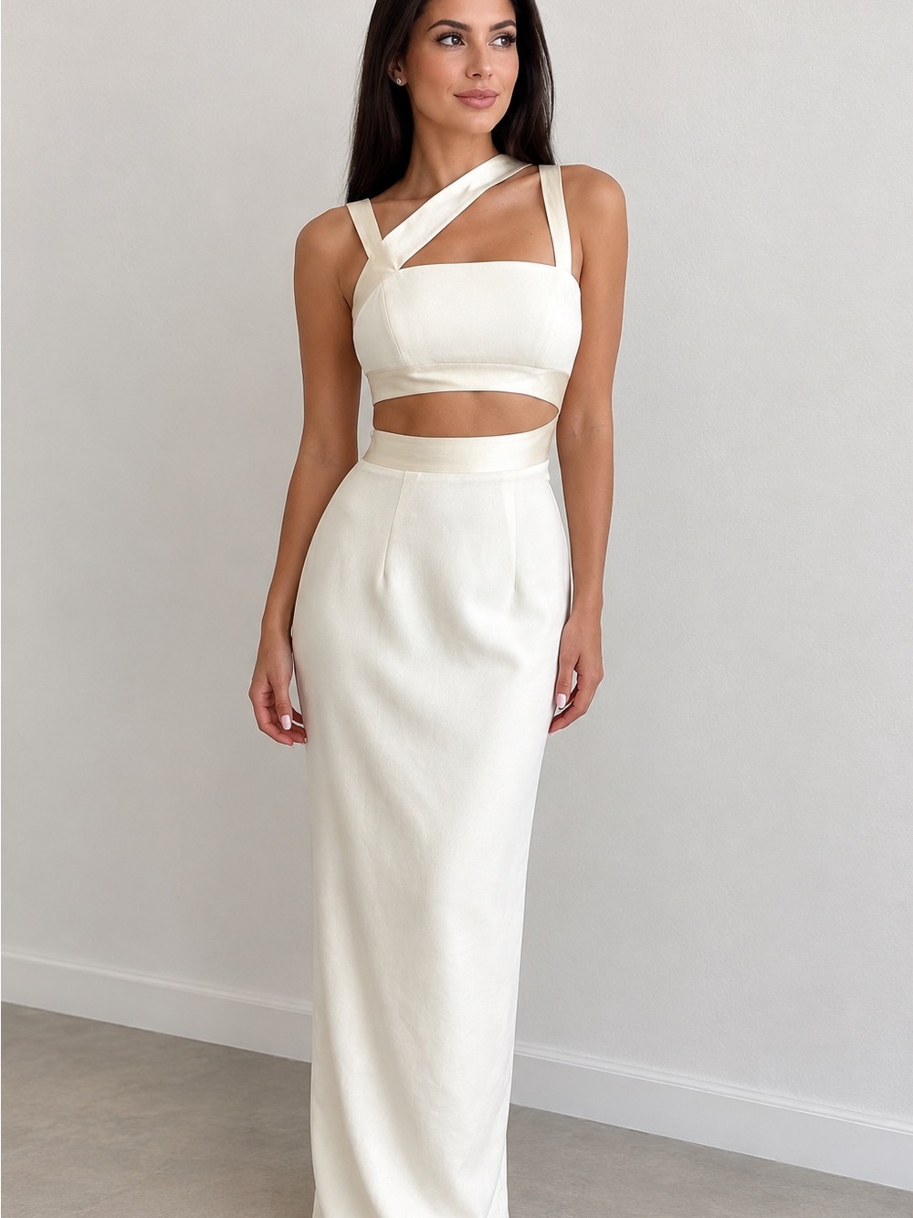 Cache Milk White Cut-Out Maxi Dress - Elegant Evening Gown, Size 2